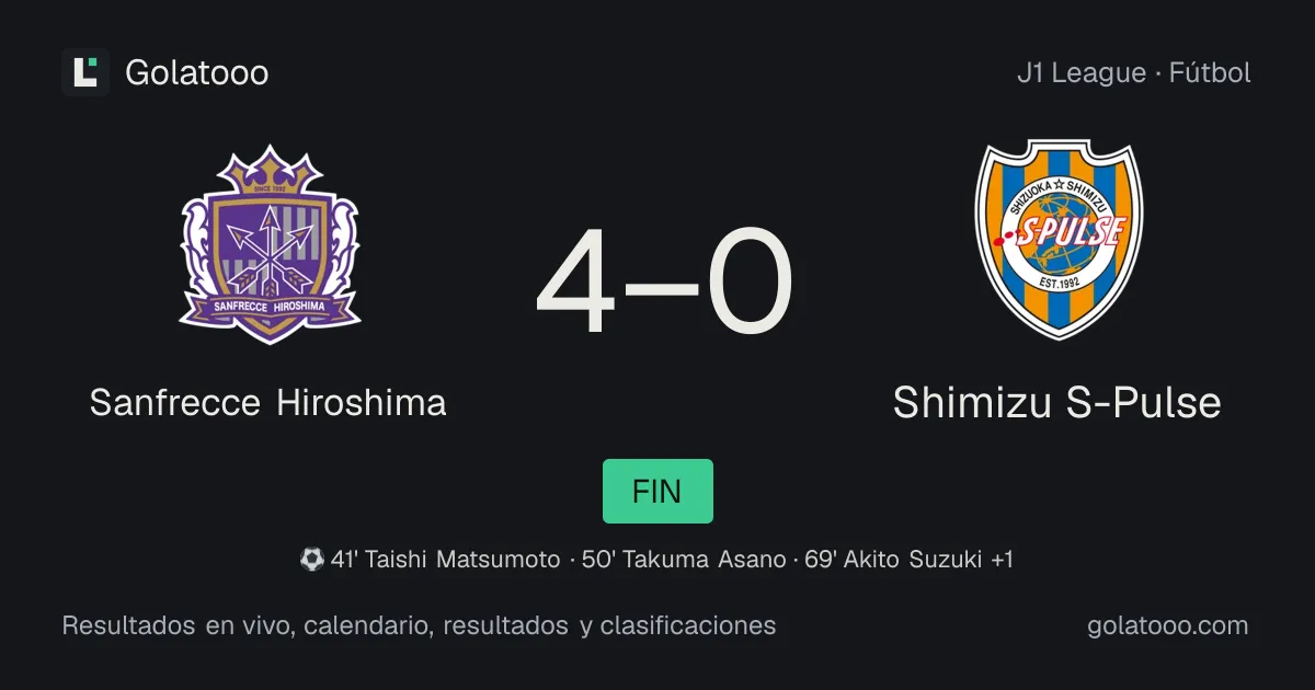 Sanfrecce Hiroshima 4-0 Shimizu S-Pulse: crónica del partido, goles y estadísticas