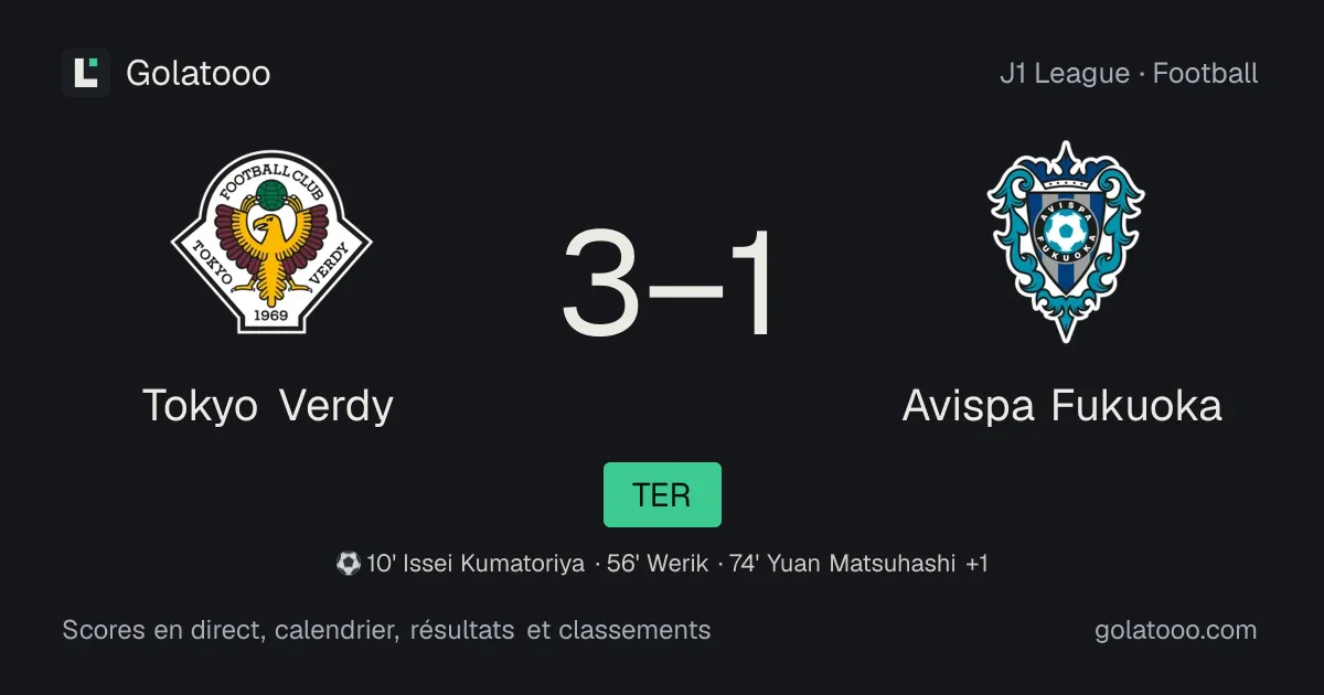Tokyo Verdy 3-1 Avispa Fukuoka : résumé du match, buts et statistiques