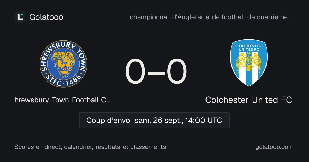 Shrewsbury Town Football Club - Colchester United FC : avant-match, forme, historique et où regarder la rencontre