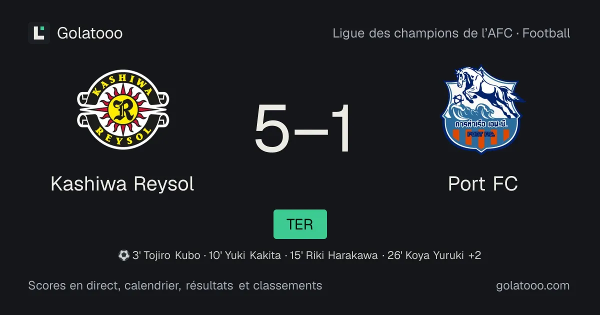 Kashiwa Reysol 5-1 Port FC : résumé du match, buts et statistiques